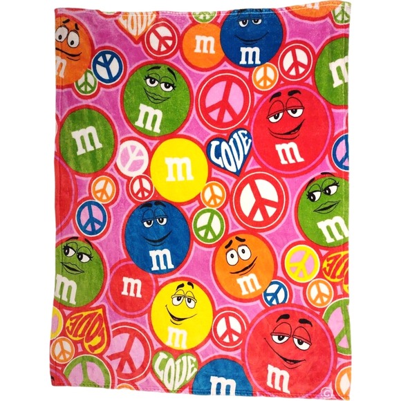 M&M World Pink Peace Love Fleece Throw Blanket 50x60 Soft‎ htf 2013 Candy Mars